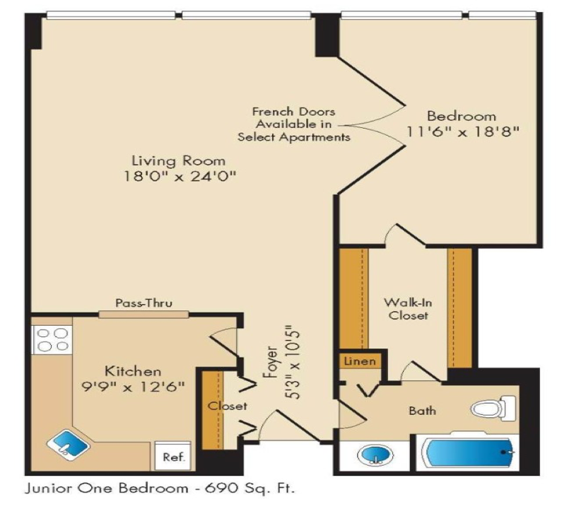 Floor plan for 1 bed, 1 bath, 690 sqft
